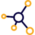 Graphic icon representation of five connected circles in Cornerstone Mobility brand colours, dark blue and yellow-orange.