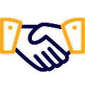 Graphic icon of a handshake in Cornerstone Mobility brand colours, dark blue and yellow-orange.