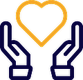 Graphic icon of two dark blue hands holding an orange-yellow love heart.